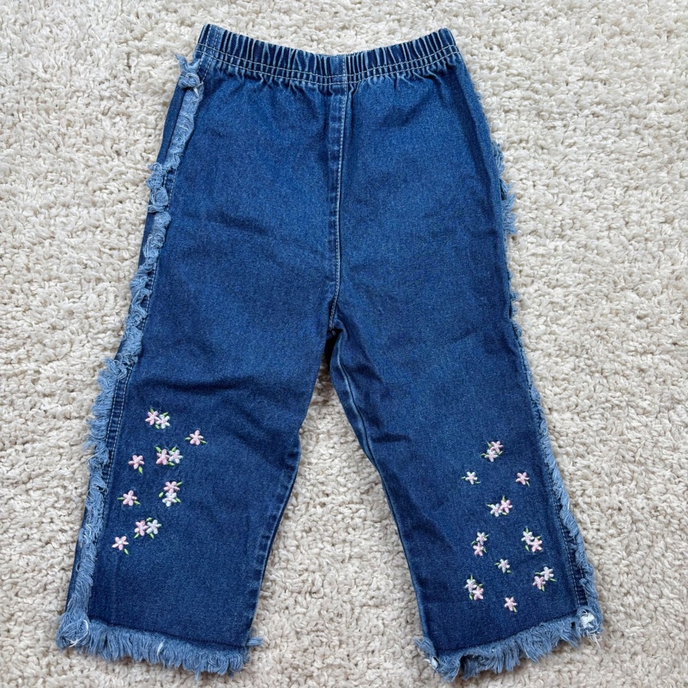 Unbranded Floral‎ Embroidered Jeans Kids 24M Blue Excellent Fringe Frayed Hem